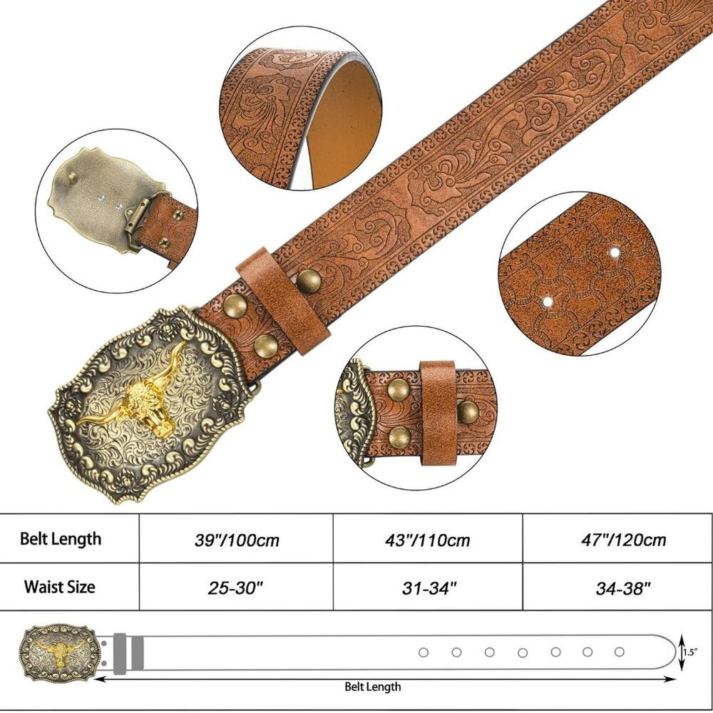 Western Cowboy Belts for Men Women - Bull Buckle Vintage Floral Engraved Belt fo - Picture 3 of 6